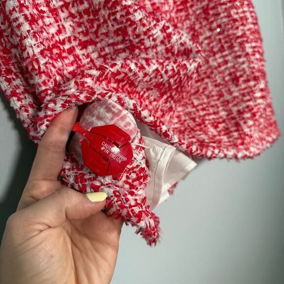 Sandro Paris Red White Tweed Mini Skirt FR 42 US 10 Bouclé Holiday Workwear - Picture 10 of 11